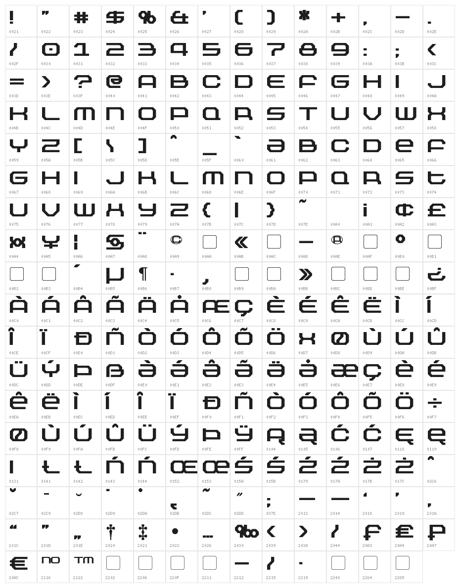 Outland Bold Character Map