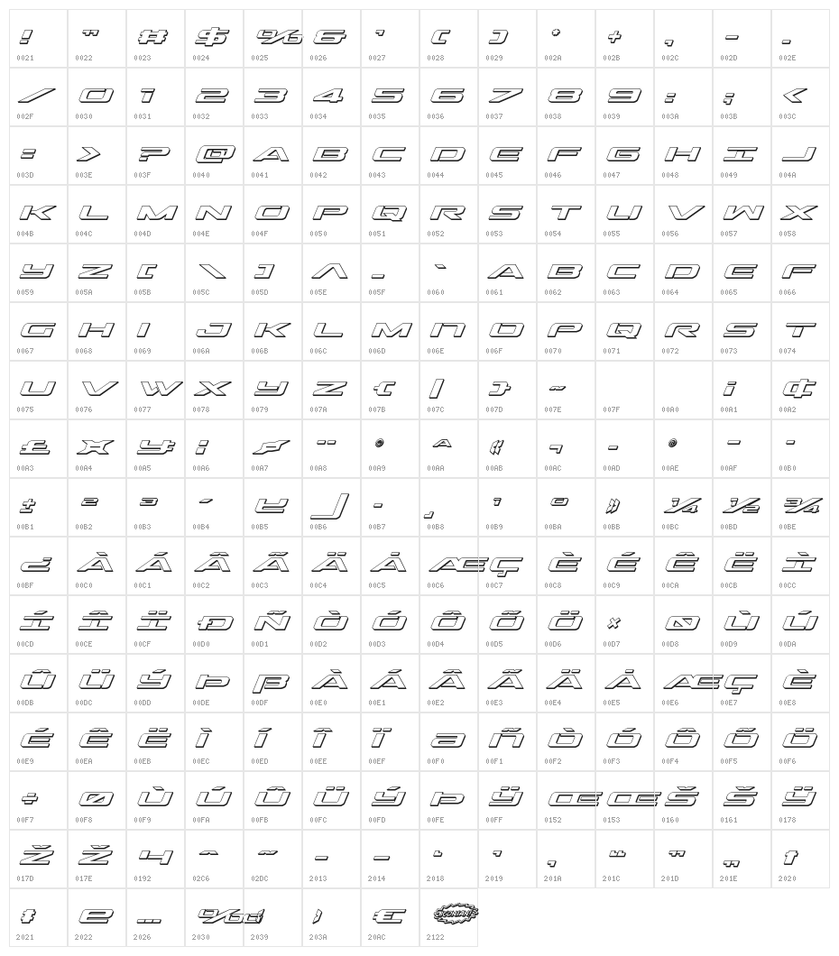 Outrider 3D Italic Italic Character Map
