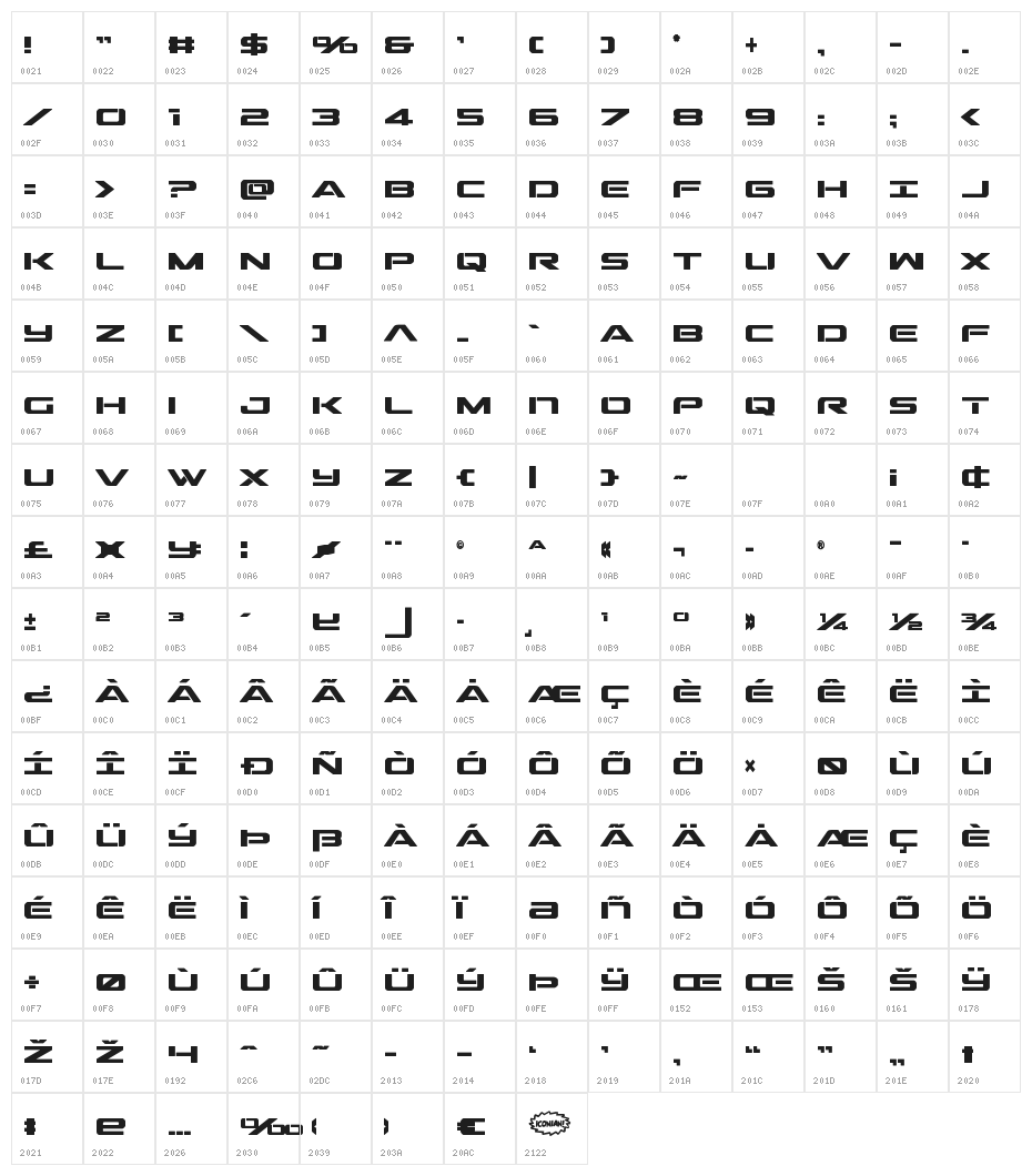 Outrider Condensed Bold Condensed Bold Character Map