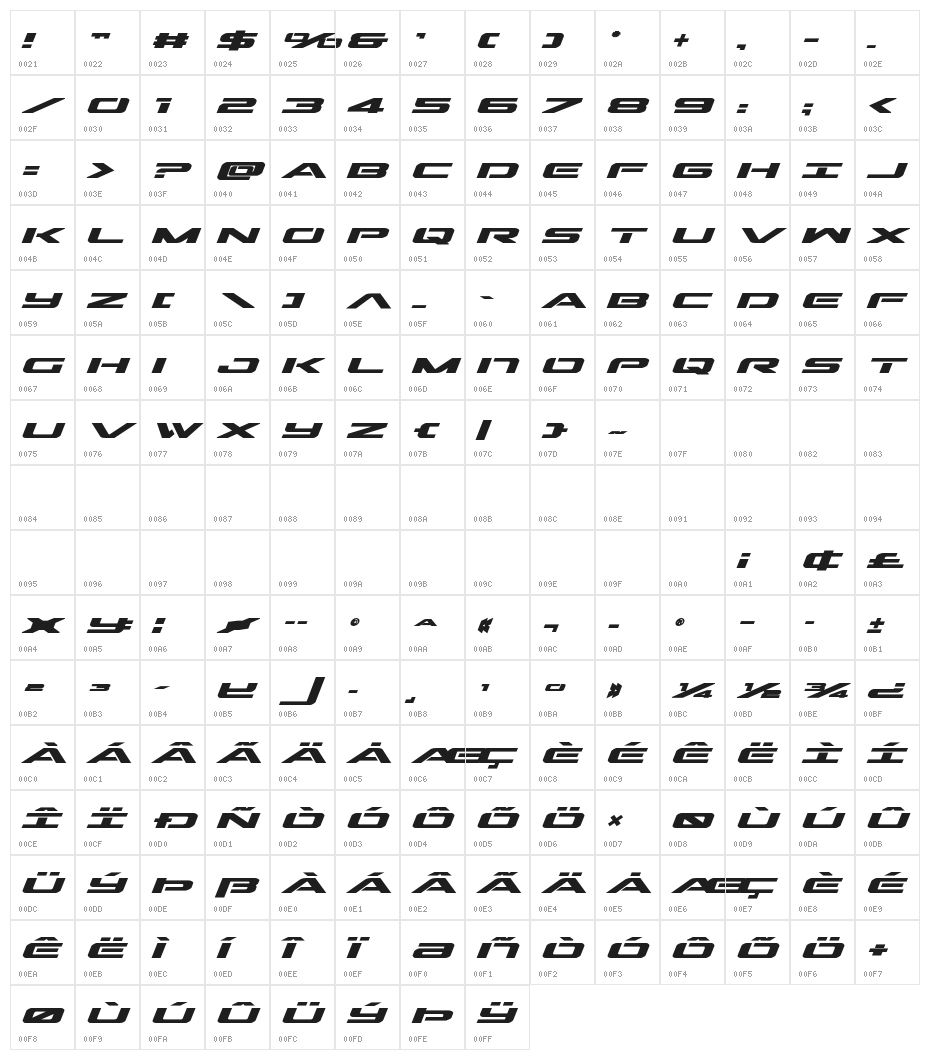 Outrider Expanded Bold Italic Character Map