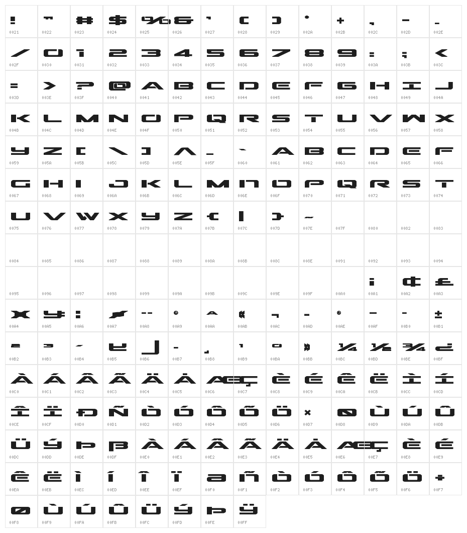 Outrider Expanded Bold Character Map