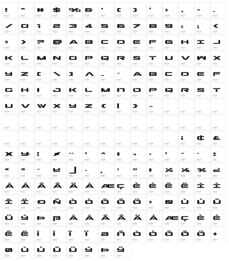 Outrider Semi-Condensed Bold Character Map