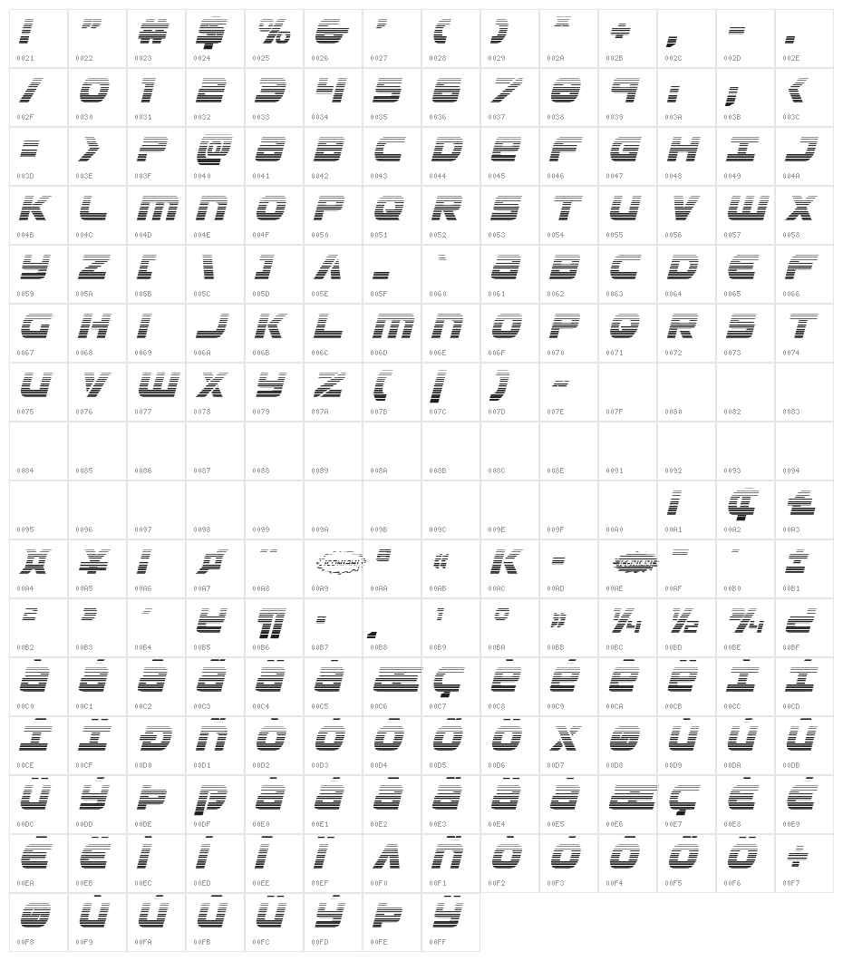 Ozda Gradient Italic Character Map