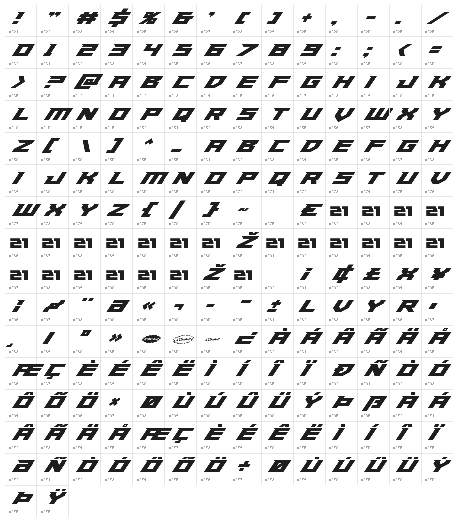 Paladins Super-Italic Character Map