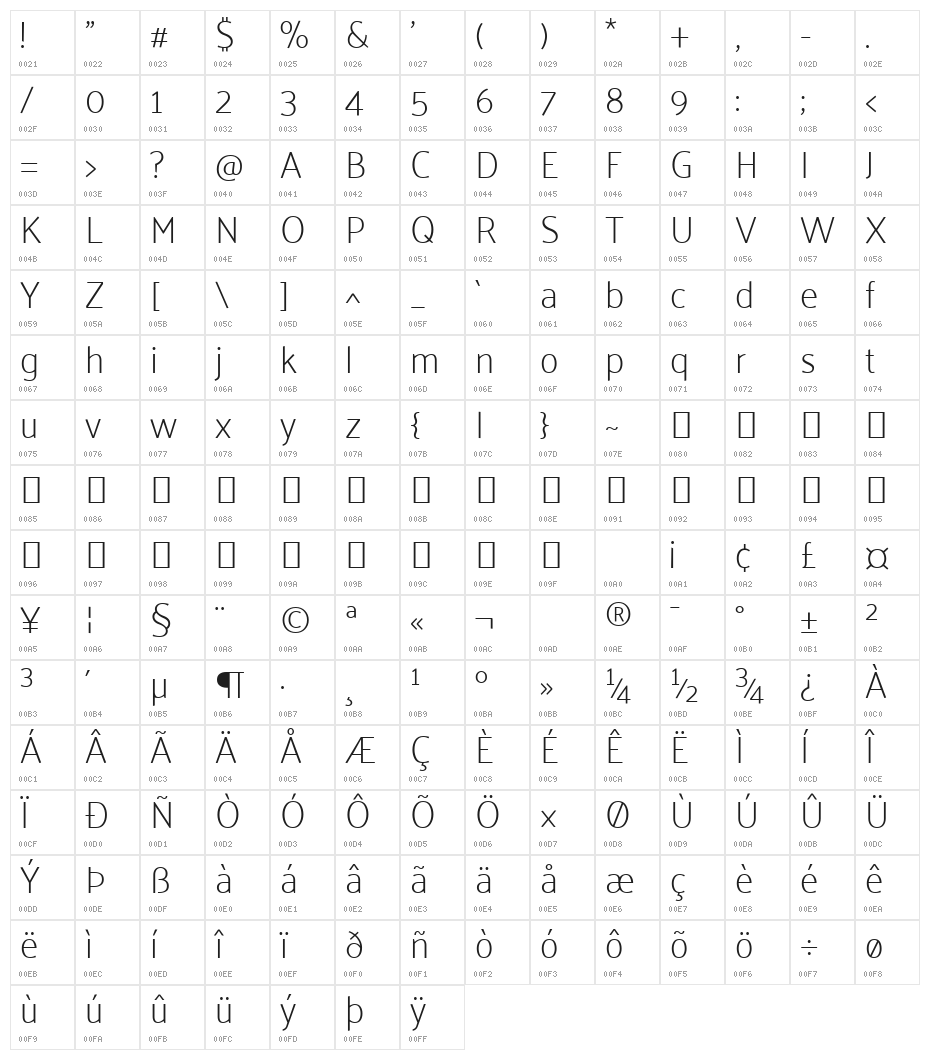 Palanquin Thin Character Map