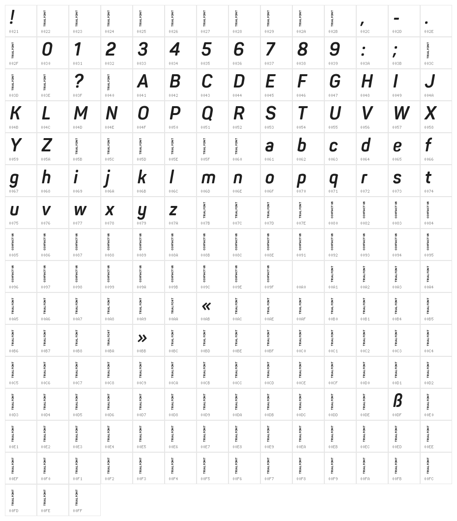 Panton Narrow-Trial Bold Italic Character Map
