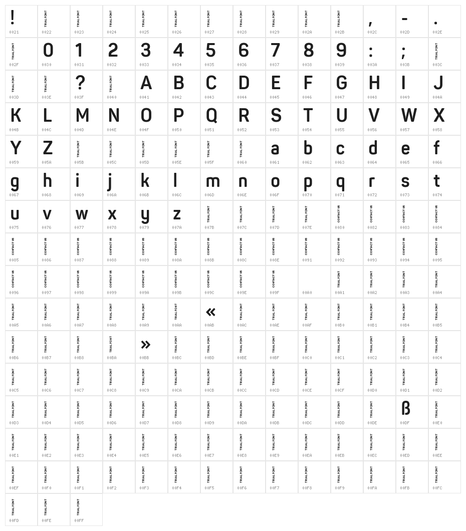 Panton Narrow-Trial Bold Character Map