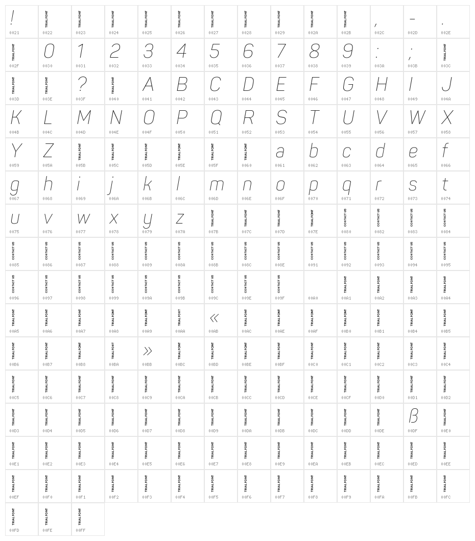 Panton Narrow-Trial ExtraLight Italic Character Map
