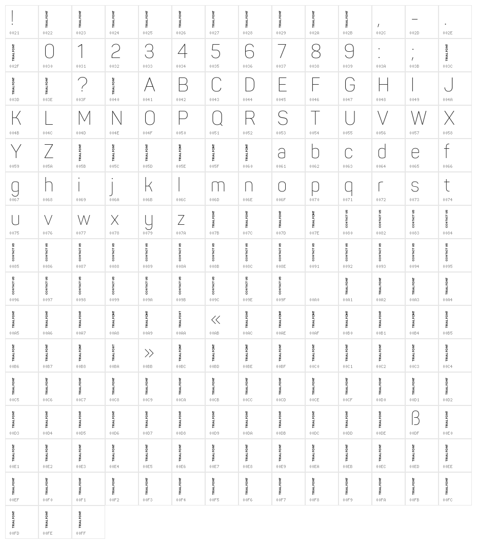 Panton Narrow-Trial ExtraLight Character Map