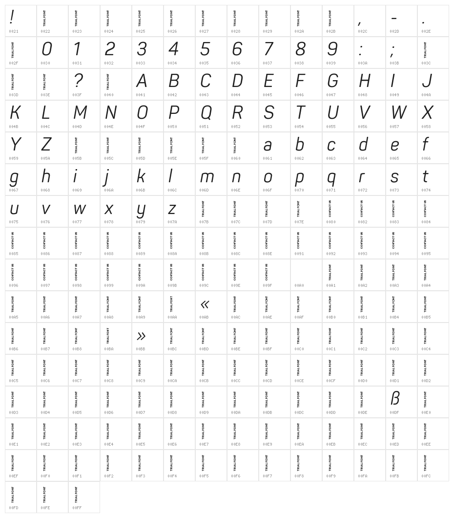 Panton Narrow-Trial Regular Italic Character Map