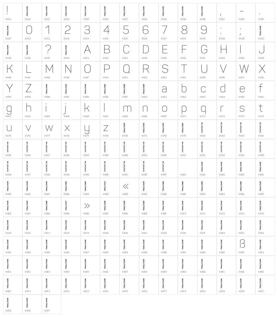 Panton-Trial ExtraLight Character Map