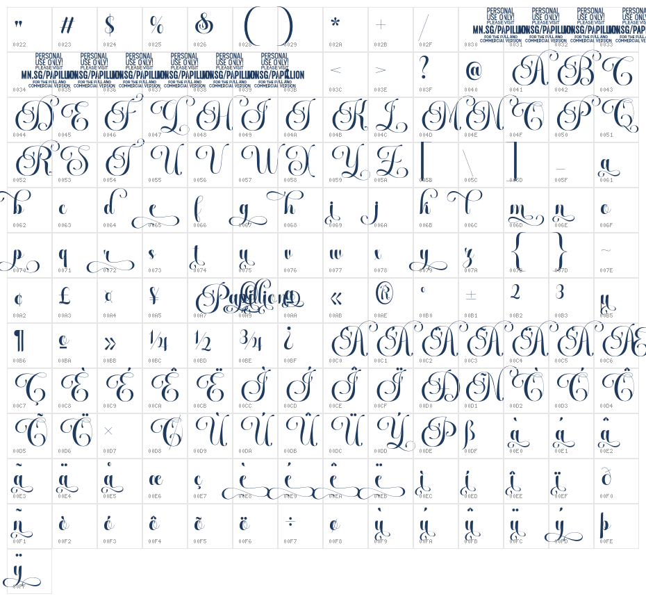 Papillion Swashed PERSONAL Regular Character Map