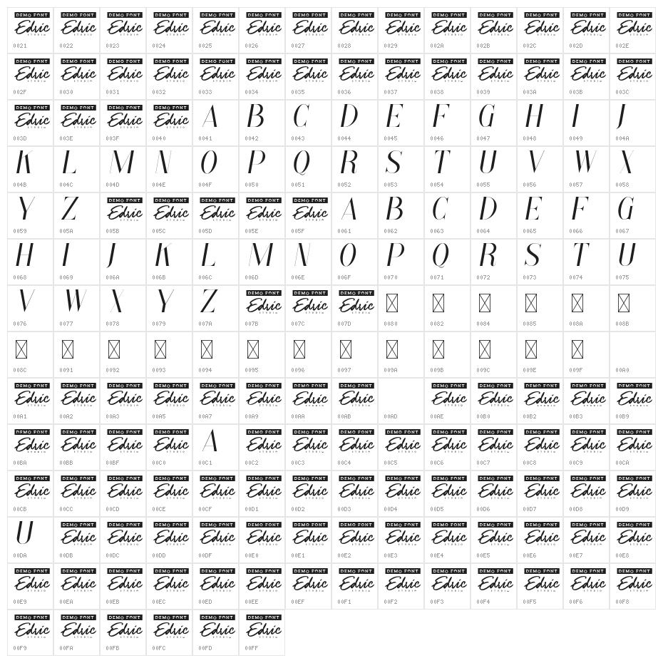 Paradise Thin Demo Italic Character Map
