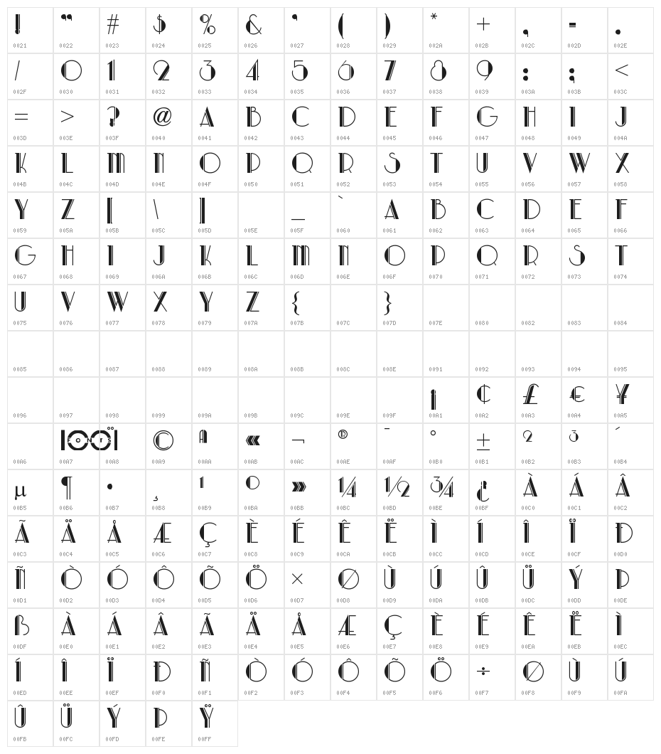 ParkLaneNF Character Map