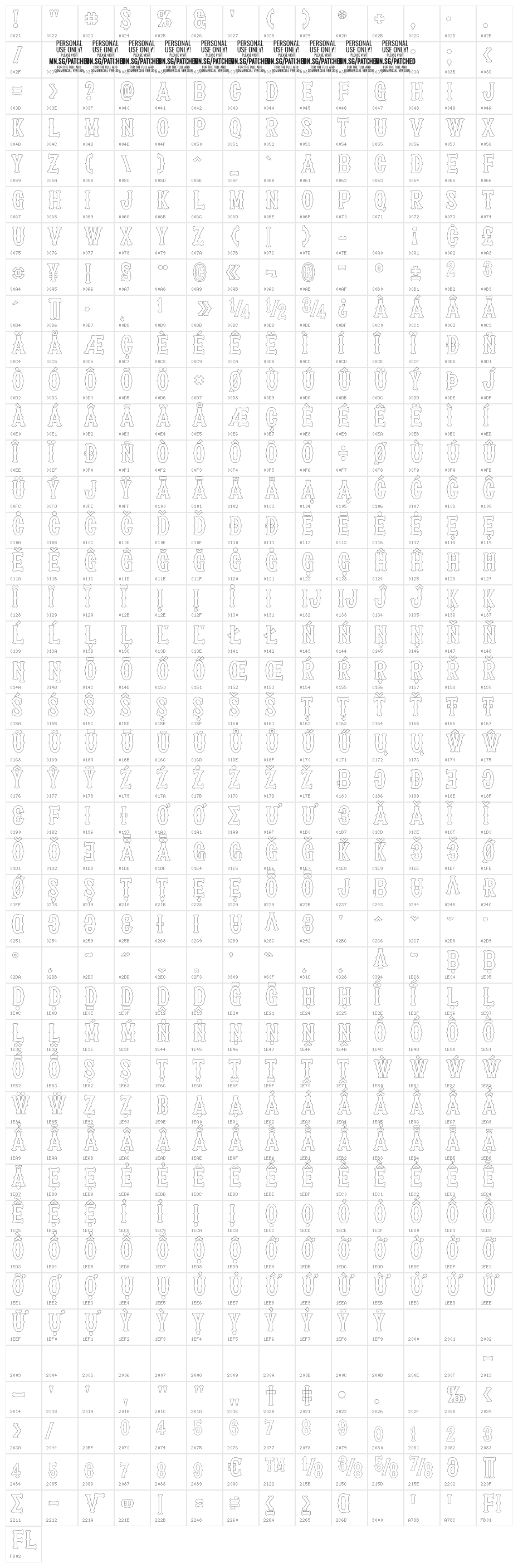 Patched In PERSONAL USE Thin Character Map