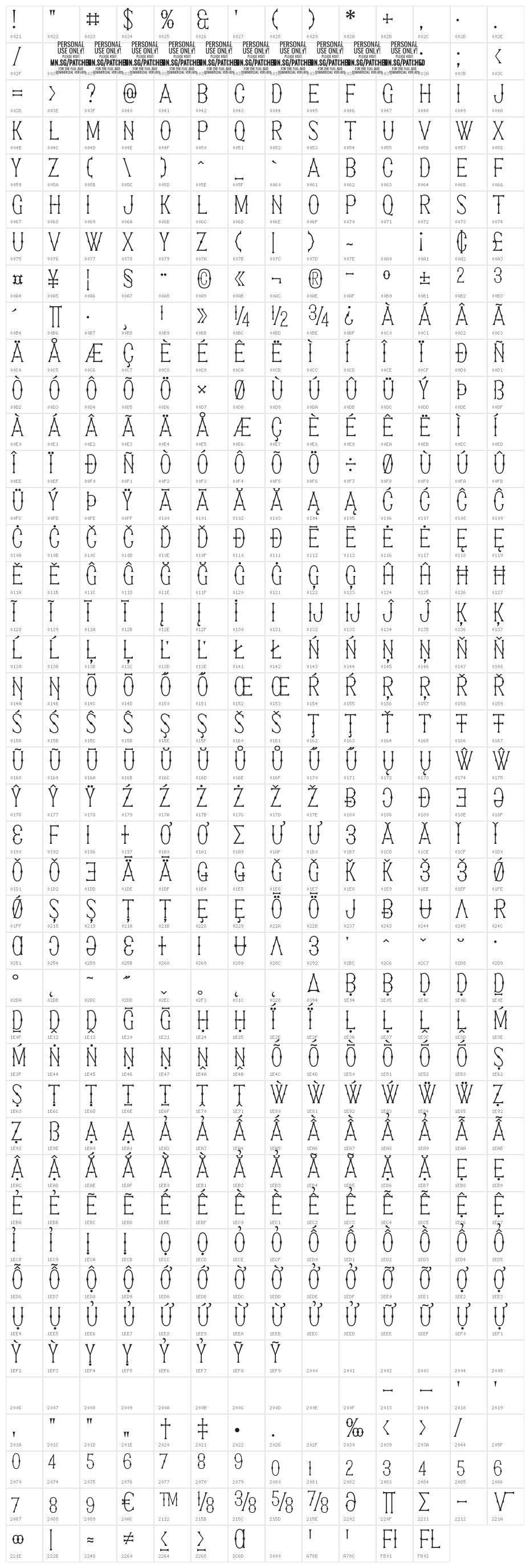 Patched PERSONAL USE ONLY Thin Character Map