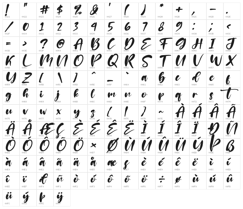 Patria Vista Italic Character Map