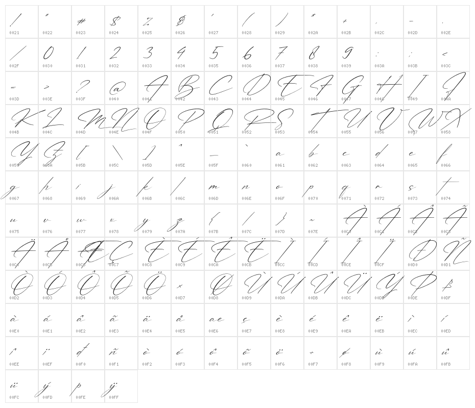 Patricia Signature Italic Character Map