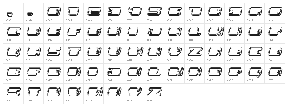 Patriotic Hollow Italic Character Map