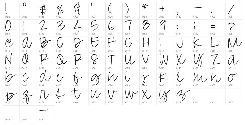 Pea Missy Cursive Character Map