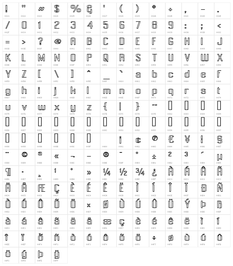 Pecot Outline Bold Character Map