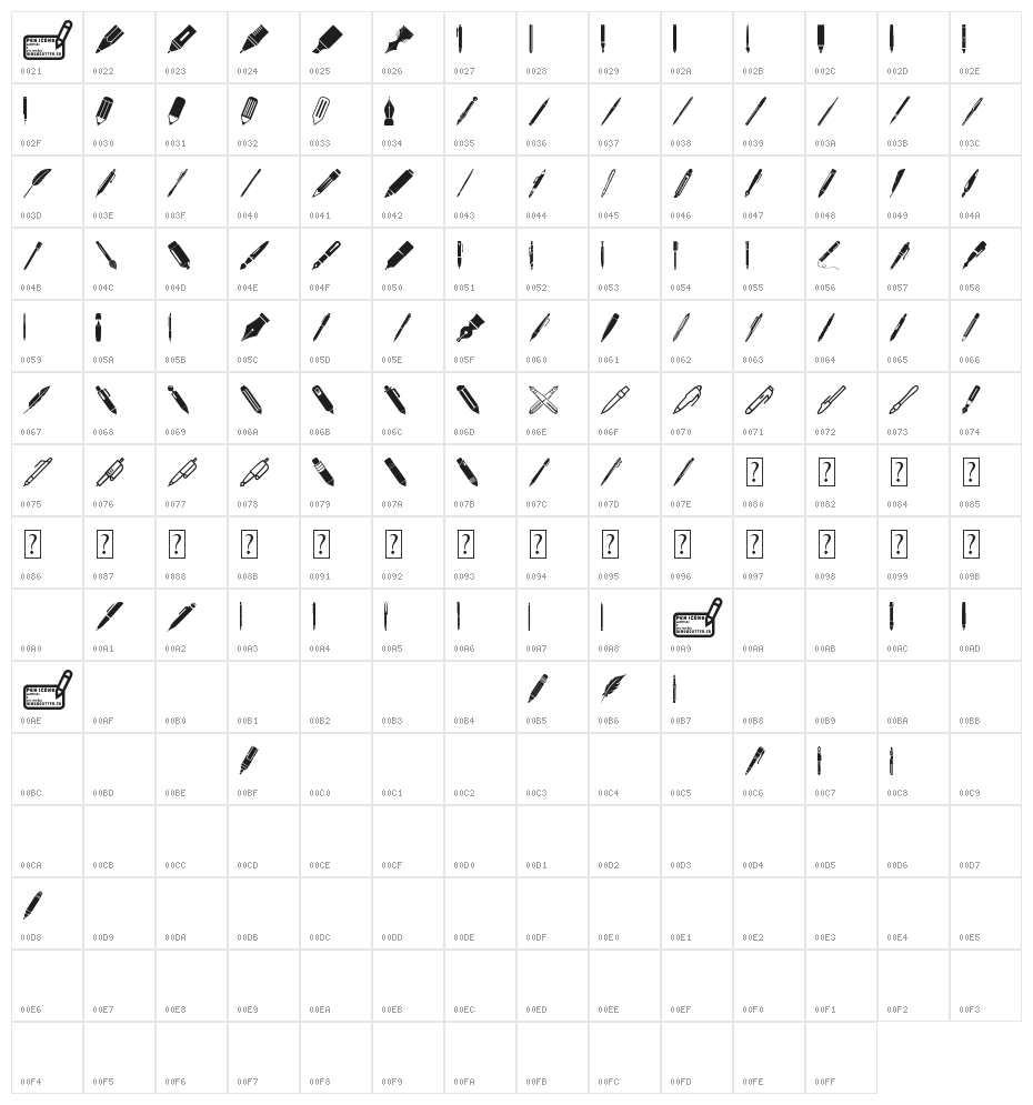 Pen Icons Character Map