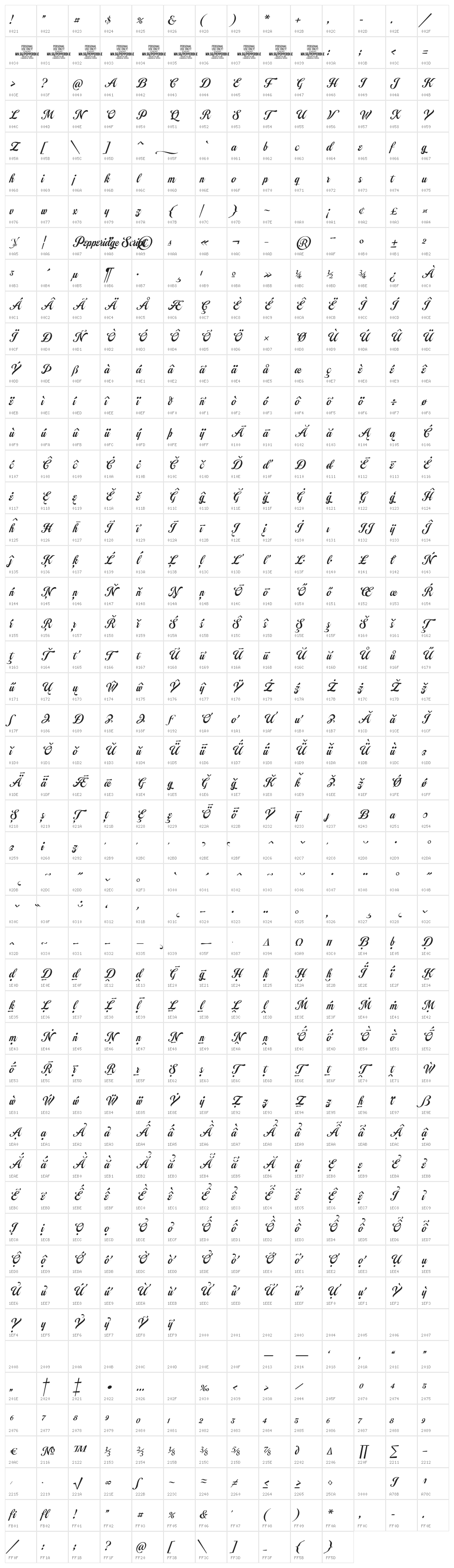 Pepperidge Script PERSONAL Regular Character Map