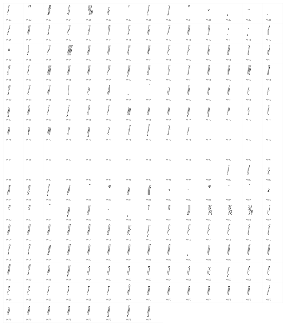 Phantacon Outline Italic Character Map
