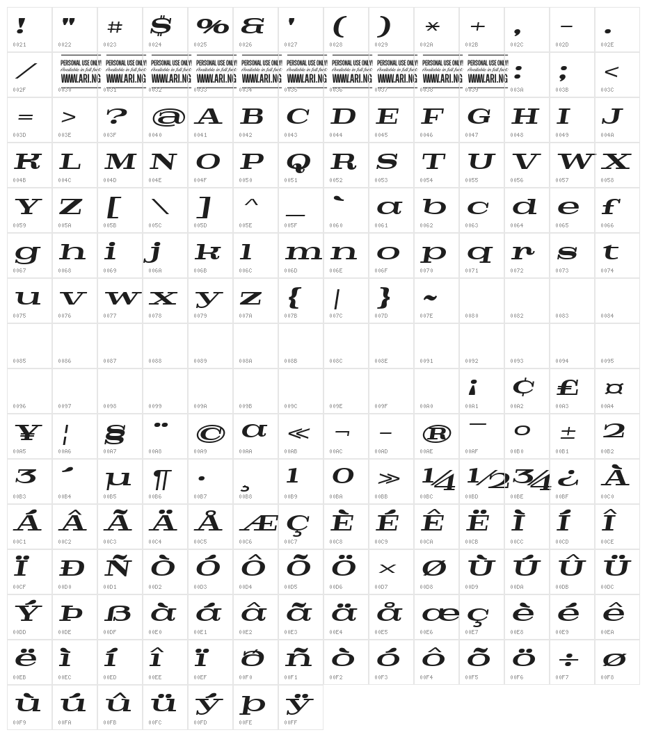 Pigeon PERSONAL Bold Italic Character Map