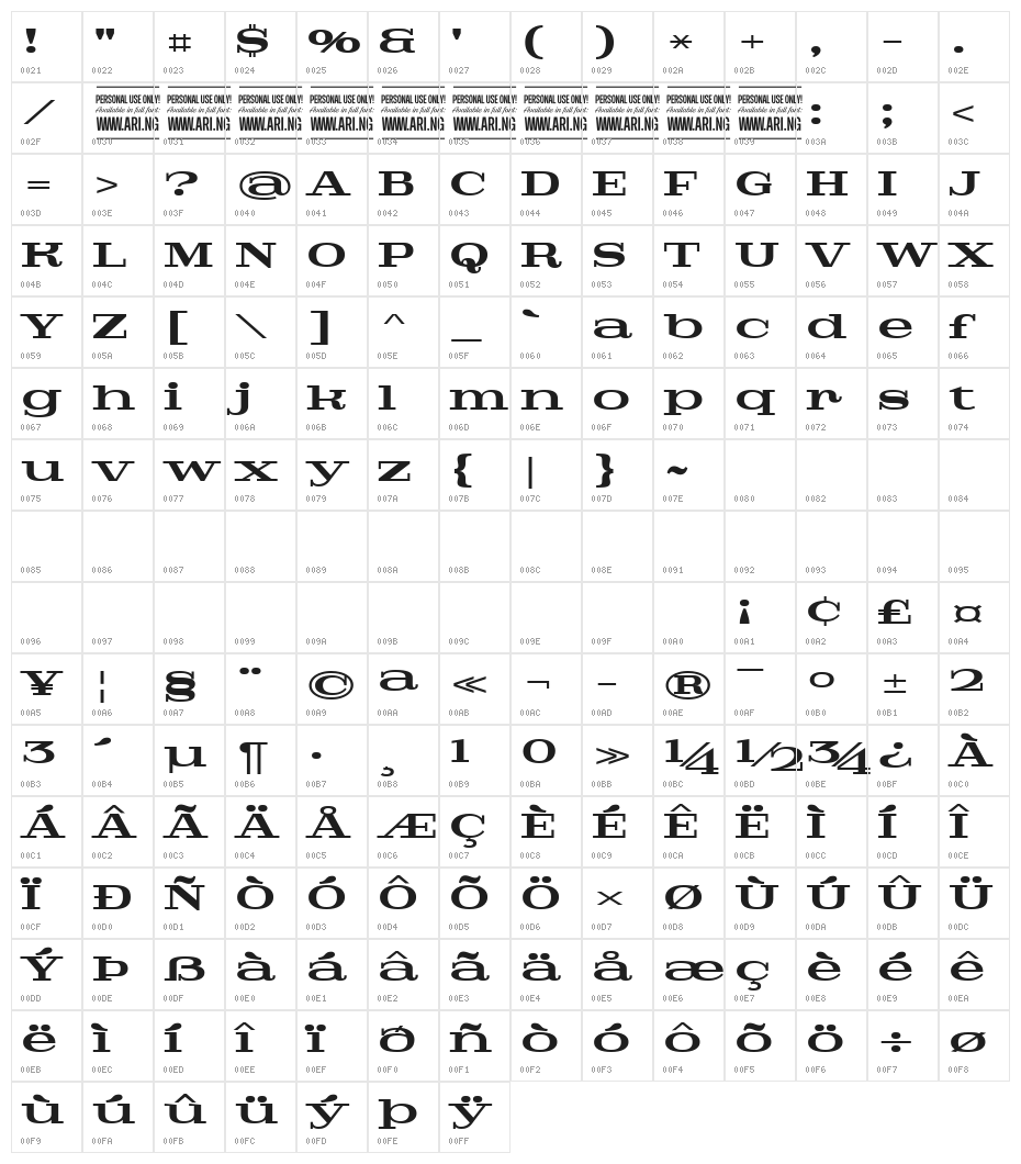 Pigeon PERSONAL Bold Character Map