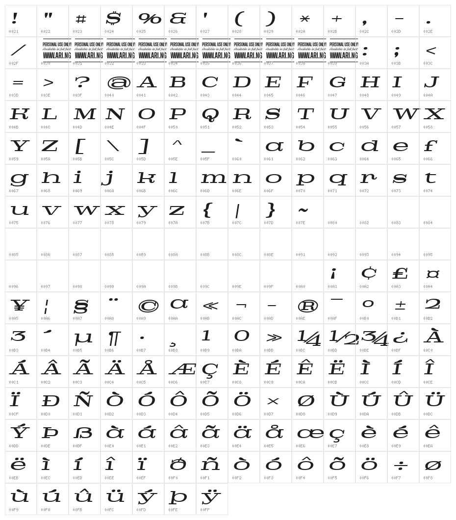 Pigeon PERSONAL Medium Italic Character Map