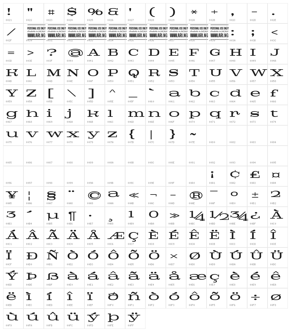 Pigeon PERSONAL Medium Character Map