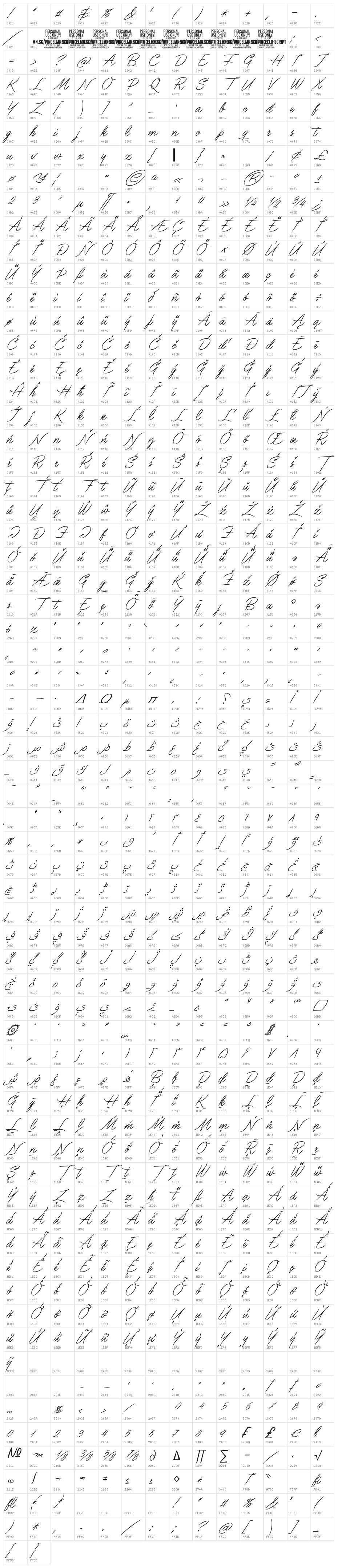 Pincello Script PERSONAL USE Regular Character Map