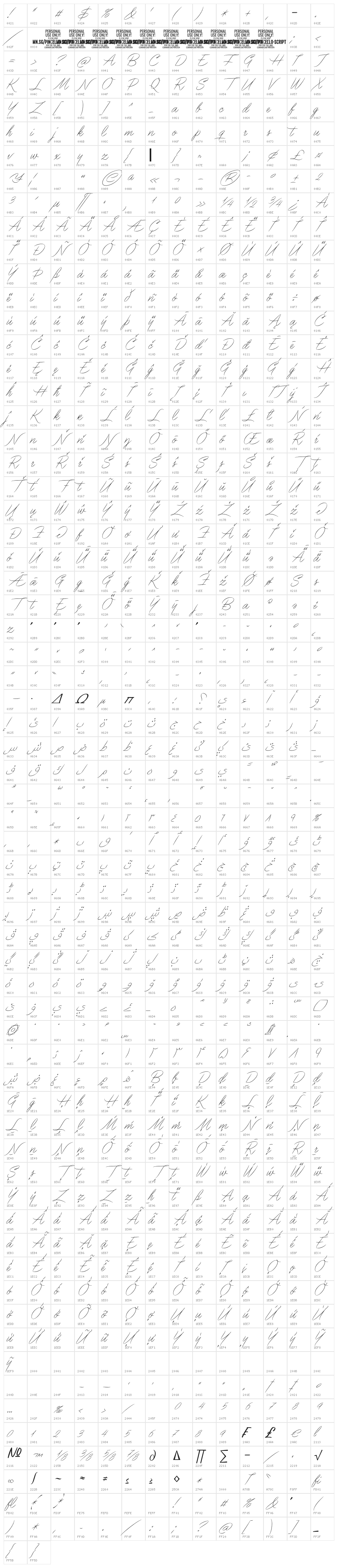 Pincello Script PERSONAL USE Thin Character Map