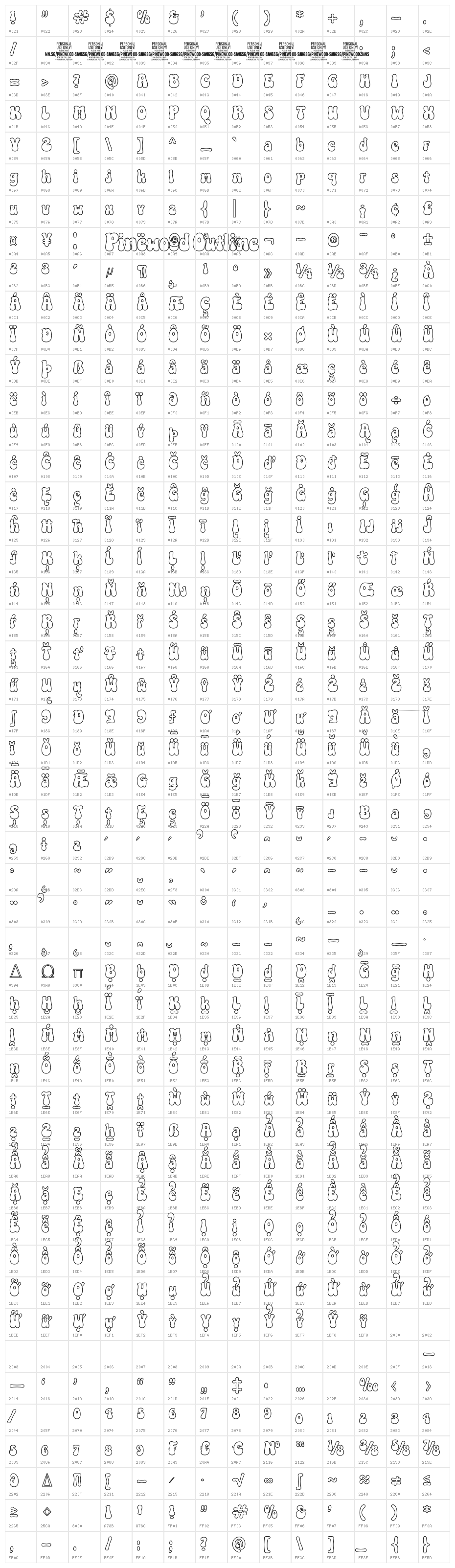 Pinewood Outline PERSONAL USE Italic Character Map