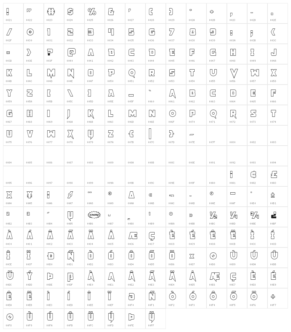Pistoleer Outline Regular Character Map
