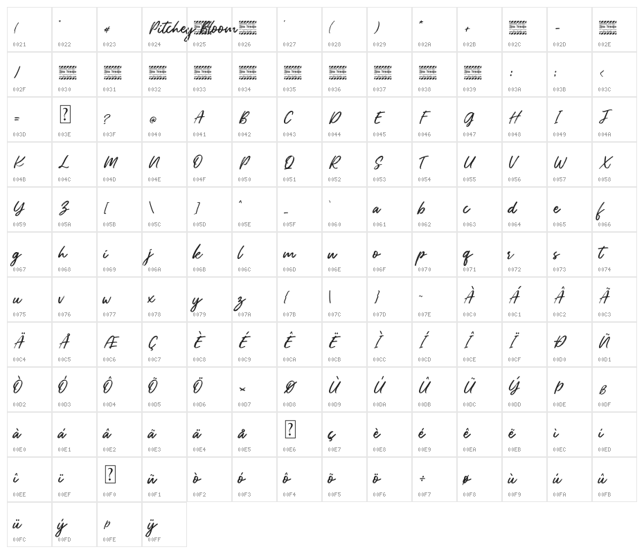 Pitchey Bloom Personal Use Character Map