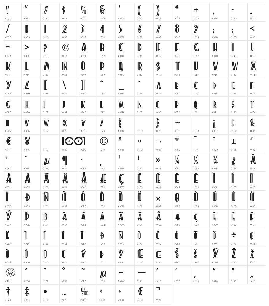 PlatonickNF Character Map