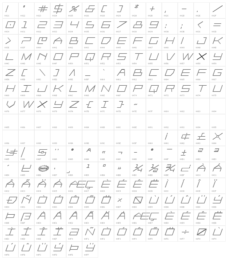 Player 1 Up 3D Italic Character Map