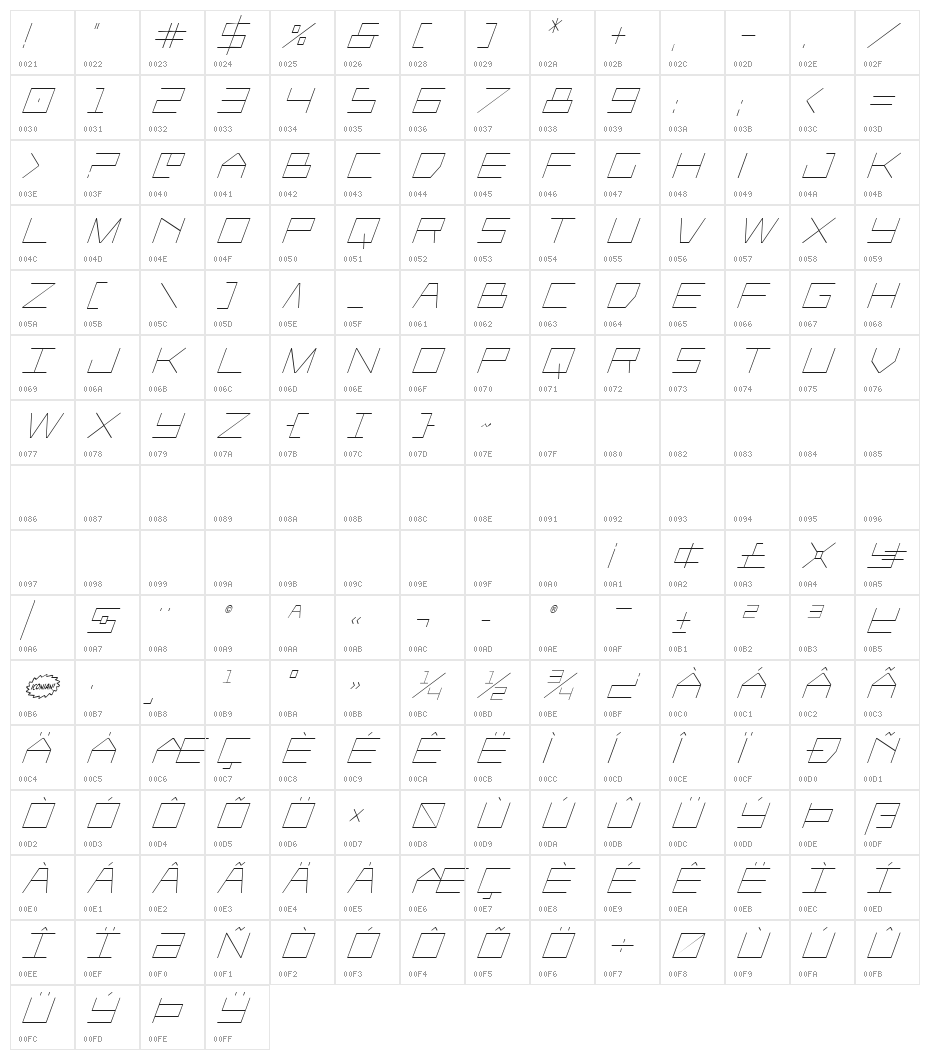 Player 1 Up Condensed Italic Character Map