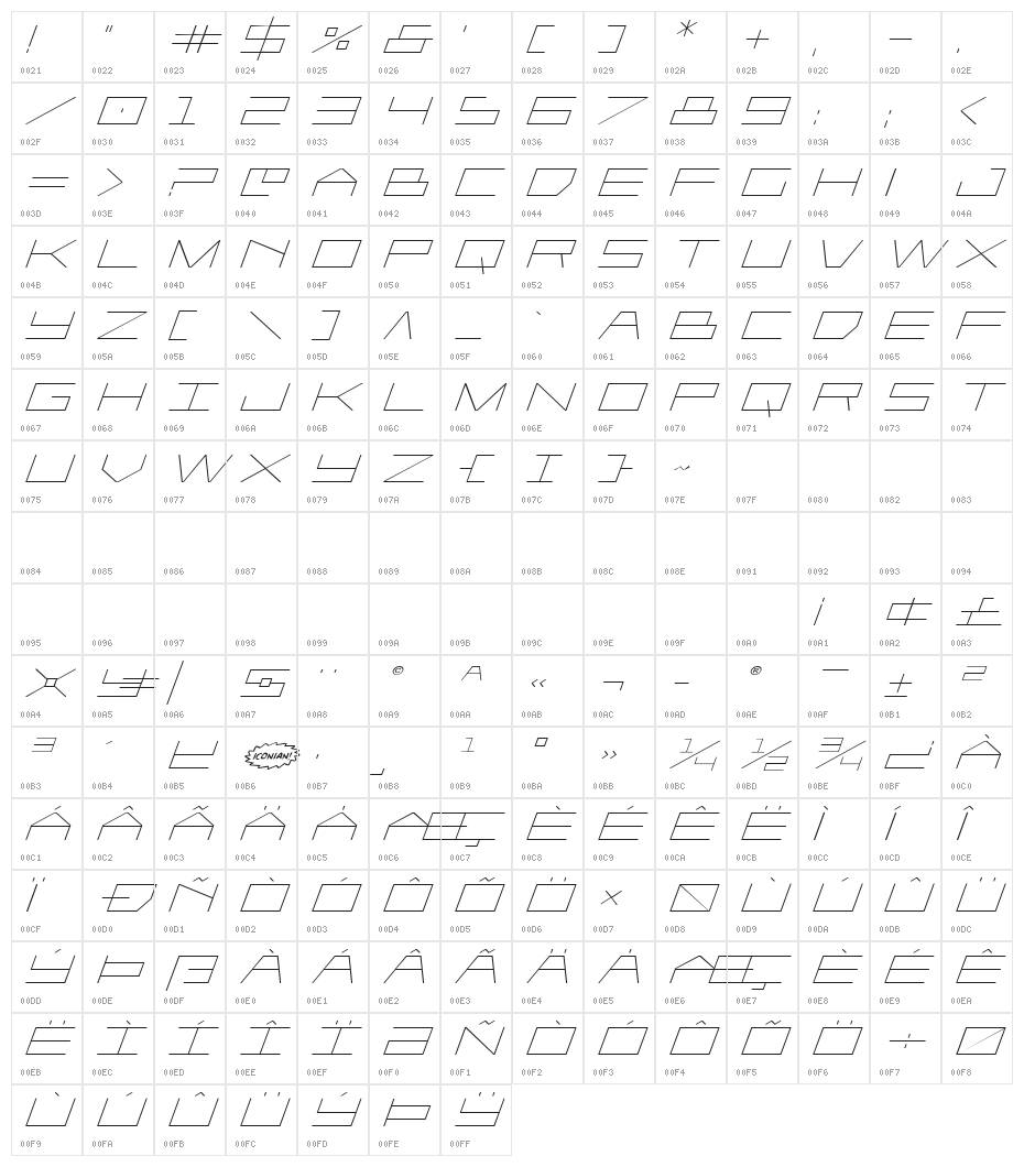 Player 1 Up Expanded Italic Character Map