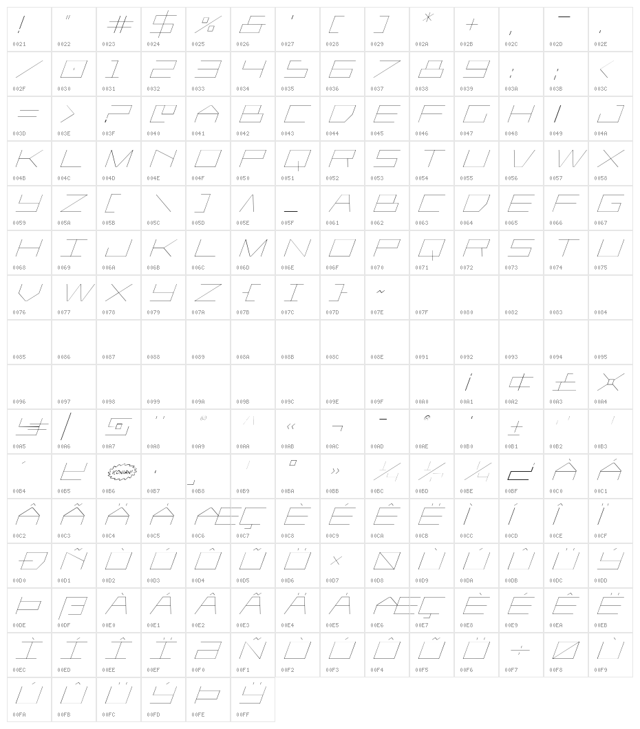 Player 1 Up Light Italic Character Map