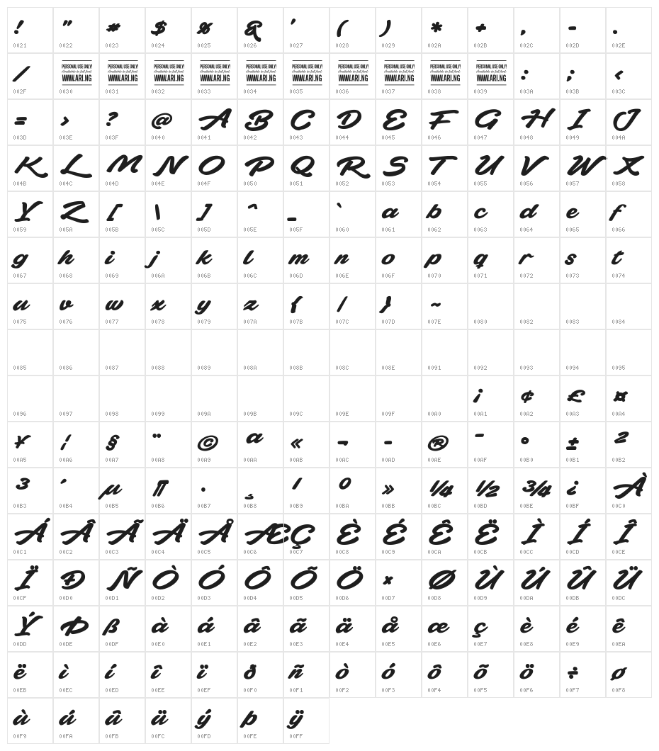 Plicata PERSONAL USE ONLY Character Map