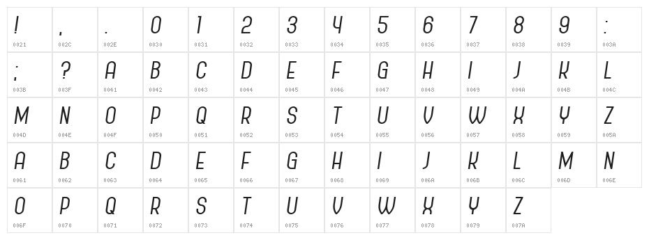 Policemen Italic Character Map