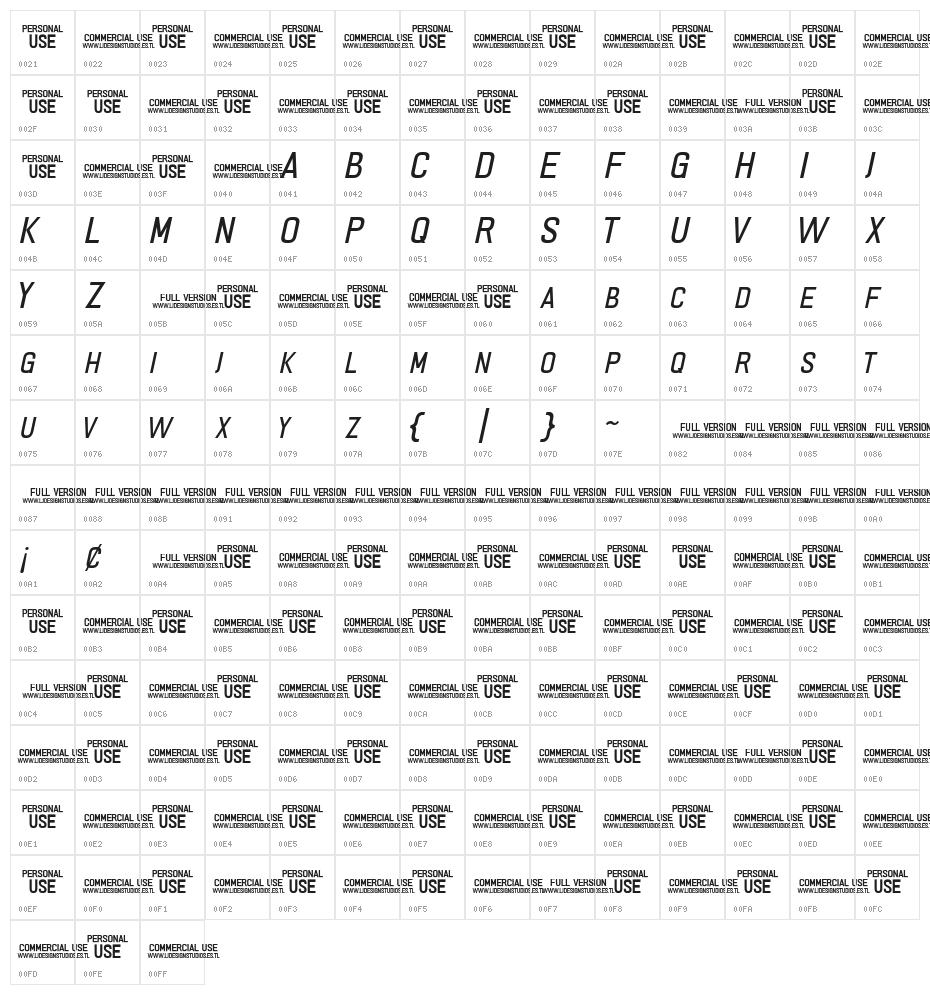 PRIMERA Italic Character Map