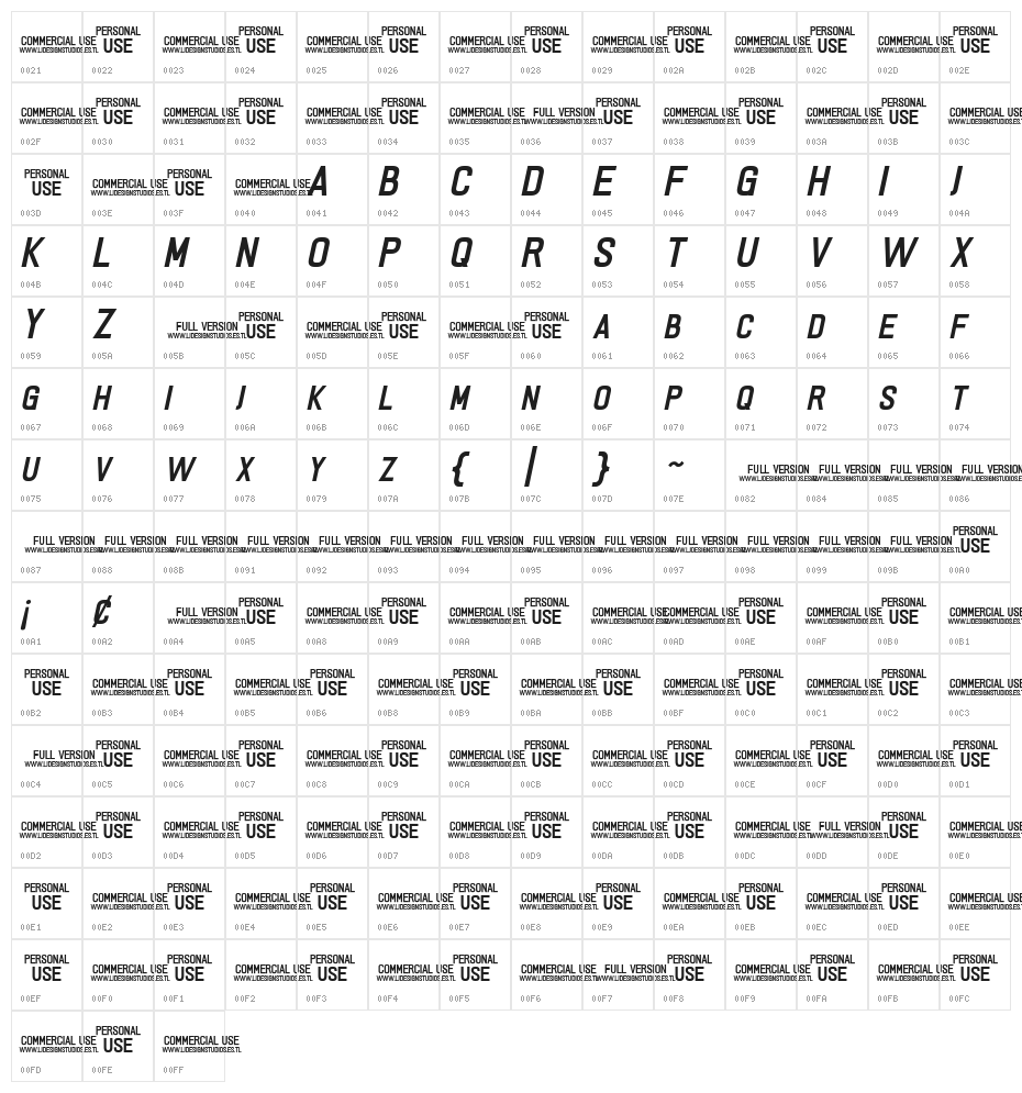 PRIMERA Semi-bold-italic Character Map