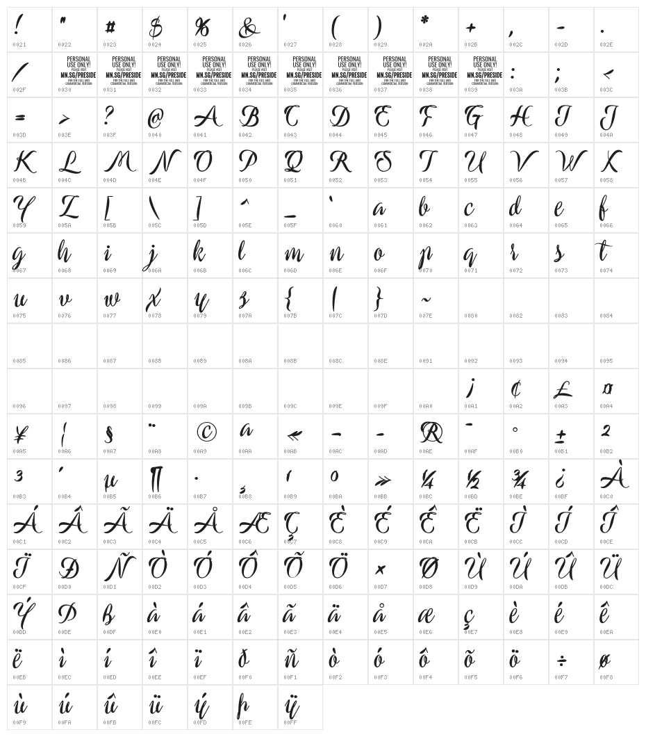Preside Bold PERSONAL USE ONLY Character Map