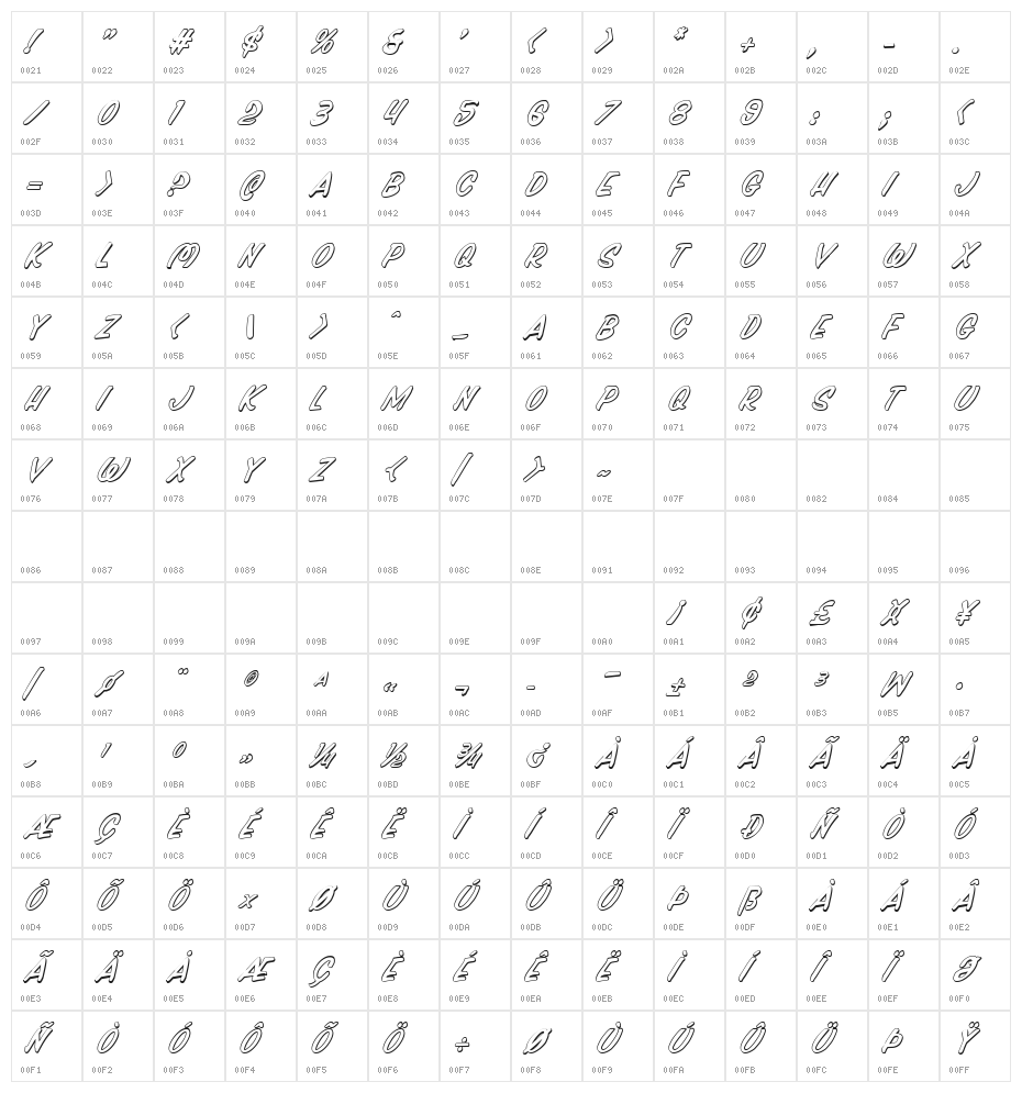 Press Darling Shadow Italic Character Map