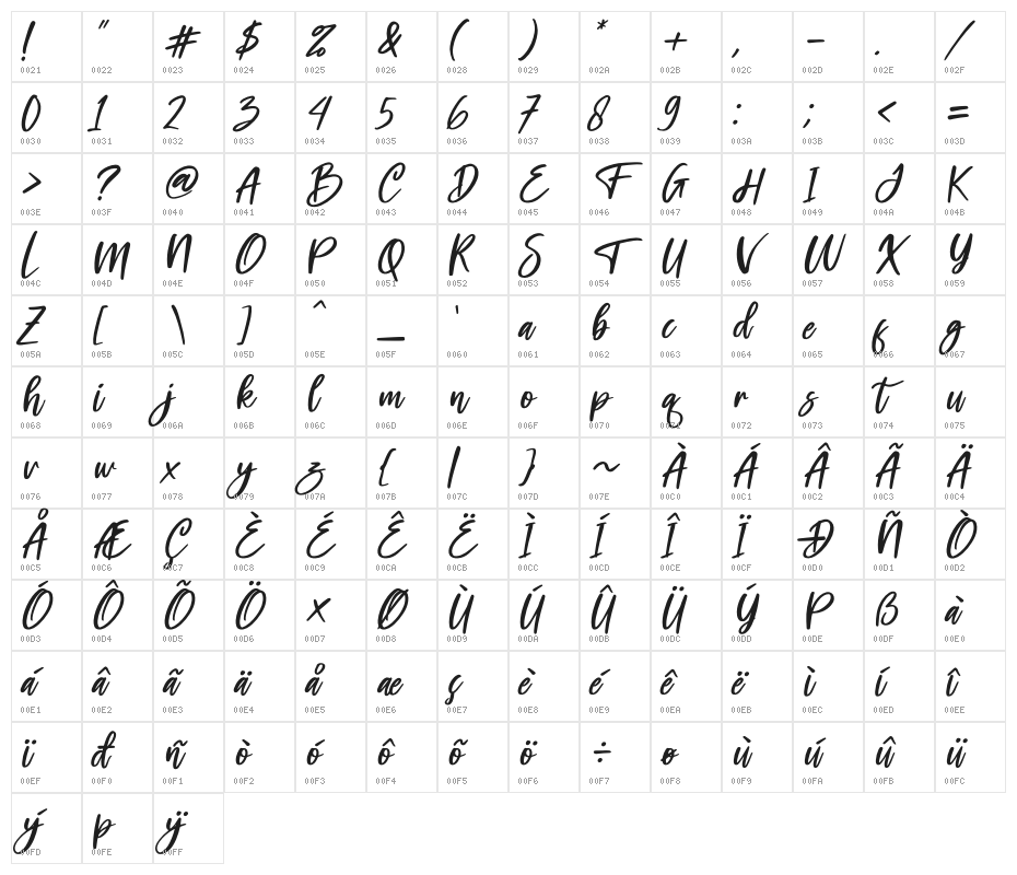 Princeska Italic Character Map