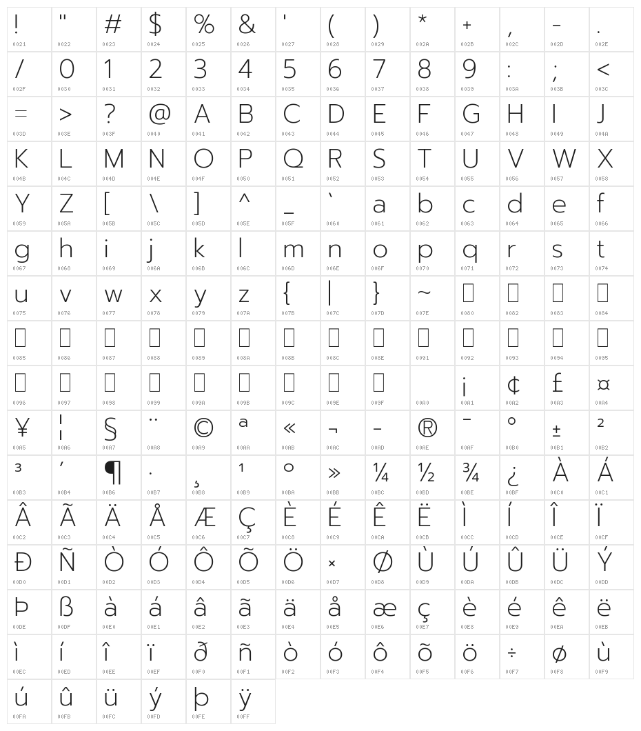 Prompt ExtraLight Character Map